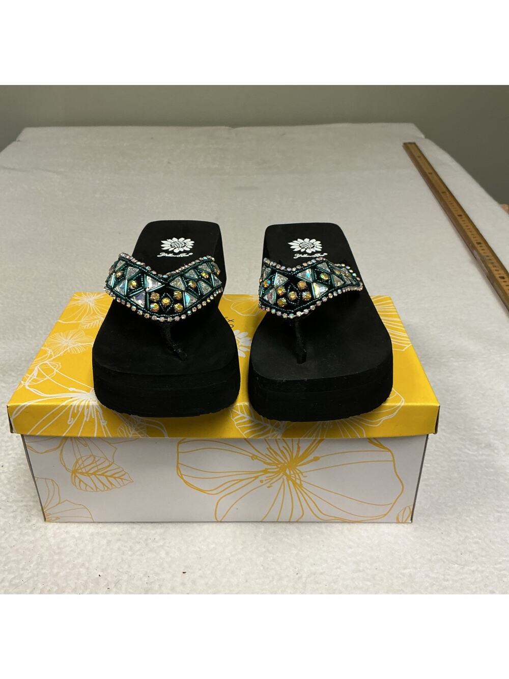 Yellow Box Black Sequins Crystal Rhinestone Wedge Size 6.5 Women's FlipFlops3396